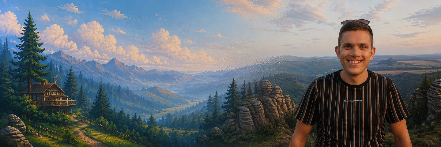 Mitchel Deken in front of a mountain valley. The left half of the scene is drawn as pixel art.